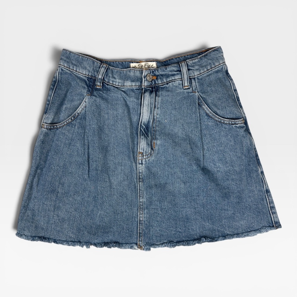 We The Free Denim Mini Skirt Women 29  Raw Hem High Rise A-Line Pleated Blue